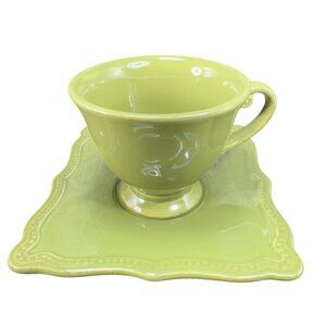Pierre Deux Teacup And Saucer Set Ceramic Made In Portugal‎ Cup Plate Set Green